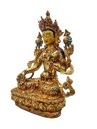 [white Tara], Buddhist Handmade Statue, [full Gold Plated], [face Painted], [stone Setting] And [high Quality]