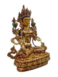[white Tara], Buddhist Handmade Statue, [full Gold Plated], [face Painted], [stone Setting] And [high Quality]