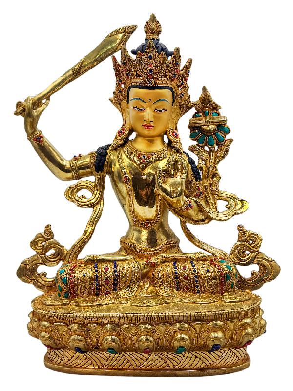 [manjushri], Buddhist Handmade Statue, [full Gold Plated], [face Painted], [stone Setting] And [high Quality]