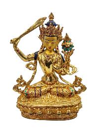 [manjushri], Buddhist Handmade Statue, [full Gold Plated], [face Painted], [stone Setting] And [high Quality]