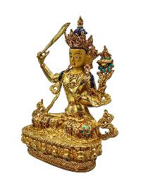 [manjushri], Buddhist Handmade Statue, [full Gold Plated], [face Painted], [stone Setting] And [high Quality]