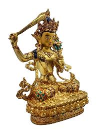 [manjushri], Buddhist Handmade Statue, [full Gold Plated], [face Painted], [stone Setting] And [high Quality]
