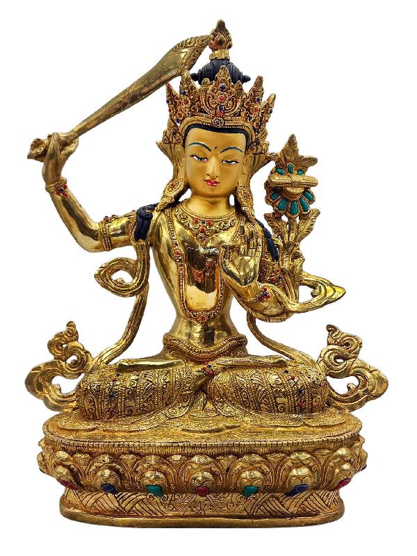 [manjushree], Buddhist Handmade Statue, [full Gold Plated], [face Painted], [stone Setting] And [high Quality]