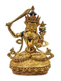 [manjushree], Buddhist Handmade Statue, [full Gold Plated], [face Painted], [stone Setting] And [high Quality]
