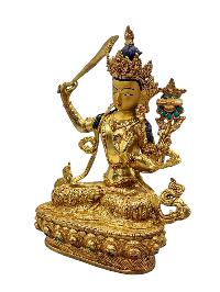 [manjushree], Buddhist Handmade Statue, [full Gold Plated], [face Painted], [stone Setting] And [high Quality]