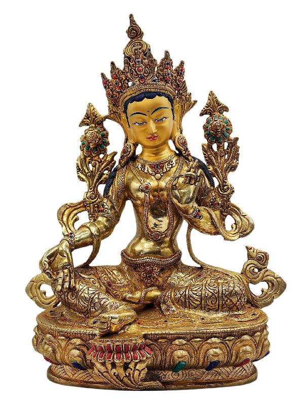 [green Tara], Buddhist Handmade Statue, [full Gold Plated], [face Painted], [stone Setting] And [high Quality]