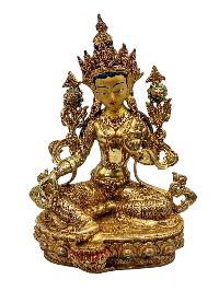 [green Tara], Buddhist Handmade Statue, [full Gold Plated], [face Painted], [stone Setting] And [high Quality]