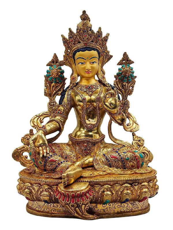[green Tara], Buddhist Handmade Statue, [full Gold Plated], [face Painted], [stone Setting] And [high Quality]