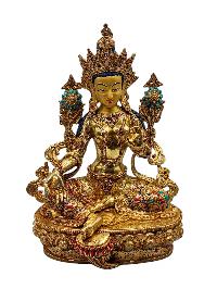 [green Tara], Buddhist Handmade Statue, [full Gold Plated], [face Painted], [stone Setting] And [high Quality]