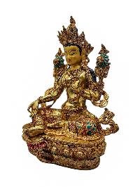 [green Tara], Buddhist Handmade Statue, [full Gold Plated], [face Painted], [stone Setting] And [high Quality]