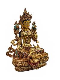 [green Tara], Buddhist Handmade Statue, [full Gold Plated], [face Painted], [stone Setting] And [high Quality]
