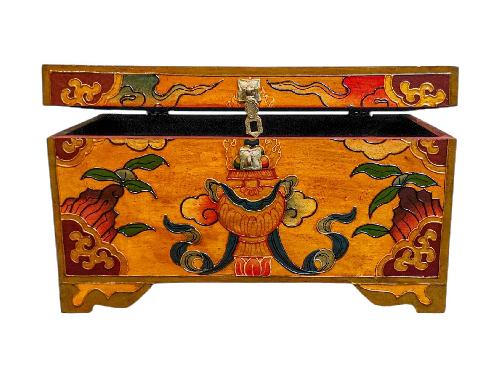 Buddhist Wooden Box With Kalasa,  Tibetan Style With Traditional Colors
