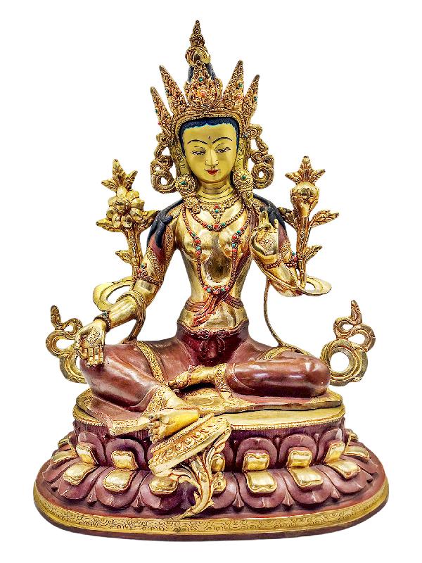 [green Tara], Buddhist Handmade Statue, With Double Base, [half Gold Plated And Chocolate Oxidized],  [face Painted] And [high Quality]