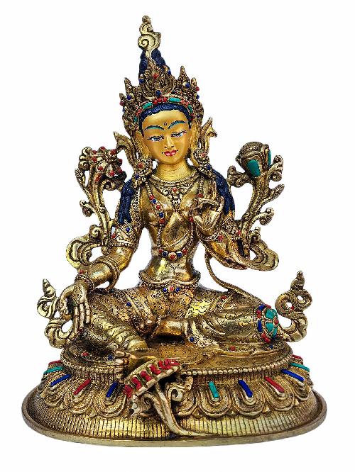 [green Tara], Buddhist Handmade Statue, [full Gold Plated], [face Painted], [stone Setting] And [high Quality