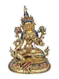 [green Tara], Buddhist Handmade Statue, [full Gold Plated], [face Painted], [stone Setting] And [high Quality