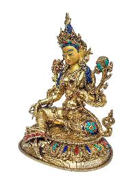 [green Tara], Buddhist Handmade Statue, [full Gold Plated], [face Painted], [stone Setting] And [high Quality