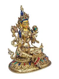 [green Tara], Buddhist Handmade Statue, [full Gold Plated], [face Painted], [stone Setting] And [high Quality