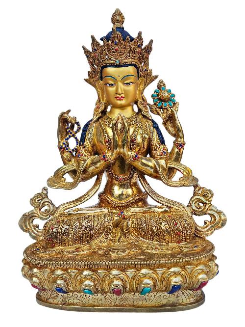 [chenrezig], Buddhist Handmade Statue, [full Gold Plated], [face Painted], [stone Setting] And [high Quality