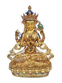 [chenrezig], Buddhist Handmade Statue, [full Gold Plated], [face Painted], [stone Setting] And [high Quality