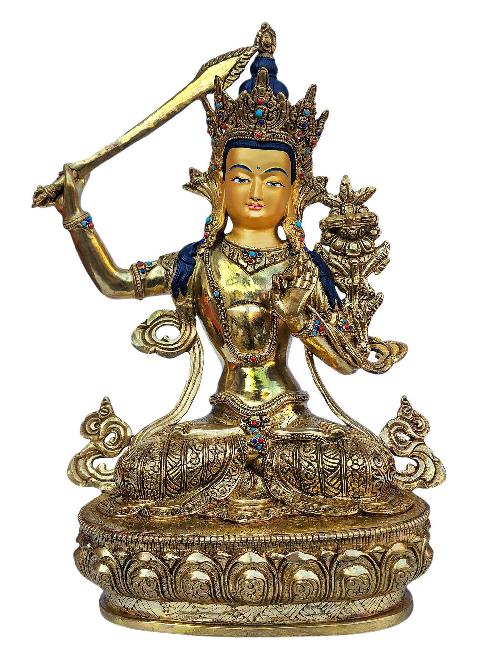 [manjushri], Buddhist Handmade Statue, [full Gold Plated], [face Painted], [stone Setting] And [high Quality