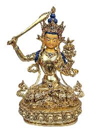 [manjushri], Buddhist Handmade Statue, [full Gold Plated], [face Painted], [stone Setting] And [high Quality