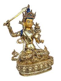 [manjushri], Buddhist Handmade Statue, [full Gold Plated], [face Painted], [stone Setting] And [high Quality