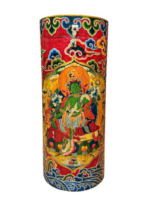 Tibetan Cylindrical Stand With Green Tara, Traditional Color Painted