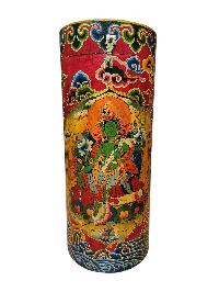 Tibetan Cylindrical Stand With Green Tara, Traditional Color Painted