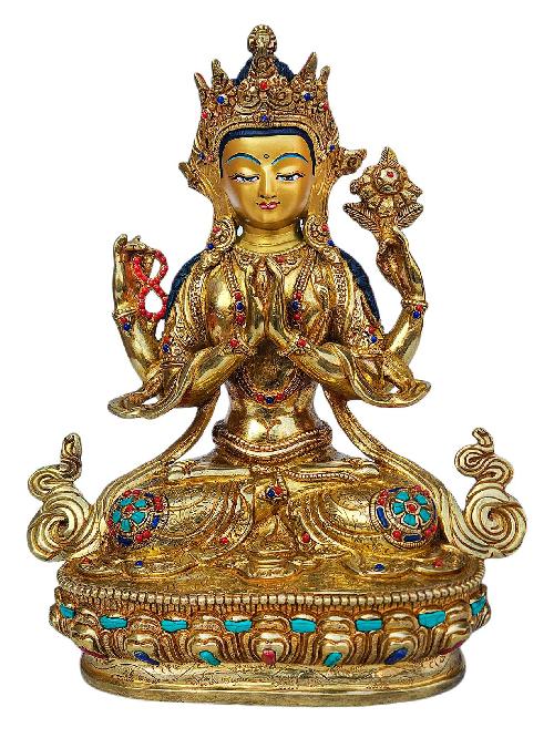 [chenrezig], Buddhist Handmade Statue, [full Gold Plated], [face Painted], [stone Setting] And [high Quality]