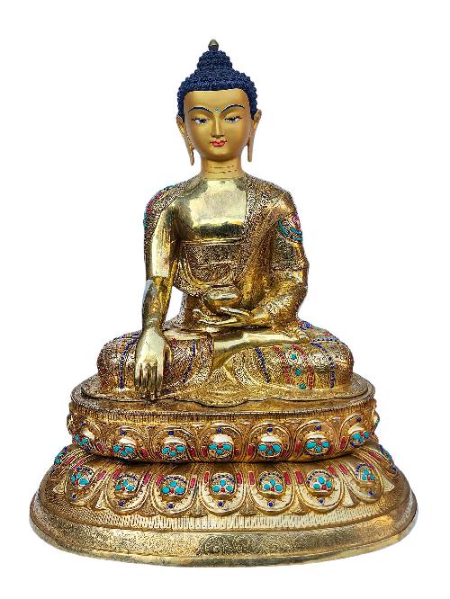 [shakyamuni Buddha], Buddhist Handmade Statue, With Double Base, [full Gold Plated], [face Painted], [stone Setting] And [high Quality]