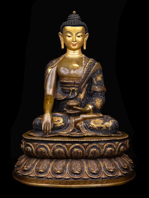 [shakyamuni Buddha], Buddhist Handmade Statue, With Double Base [chocolate Oxidized], [face Painted] And [high Quality]