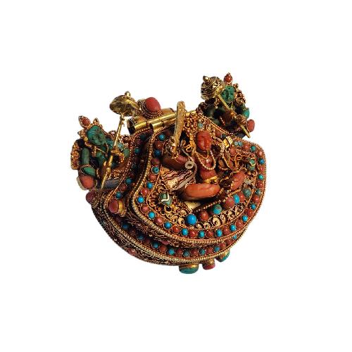 [silver] Tibetan Ghau Box With [manjushree], [gold Plated] And [stone Setting]