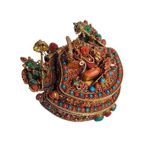[silver] Tibetan Ghau Box With [manjushree], [gold Plated] And [stone Setting]