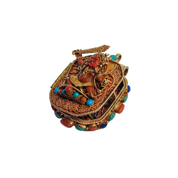 [silver] Tibetan Ghau Box With [manjushree], [gold Plated] And [stone Setting]