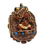 [silver] Tibetan Ghau Box With [manjushree], [gold Plated] And [stone Setting]