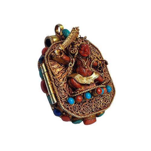 [silver] Tibetan Ghau Box With [manjushree], [gold Plated] And [stone Setting]