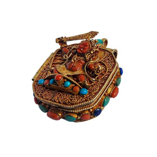 [silver] Tibetan Ghau Box With [manjushree], [gold Plated] And [stone Setting]