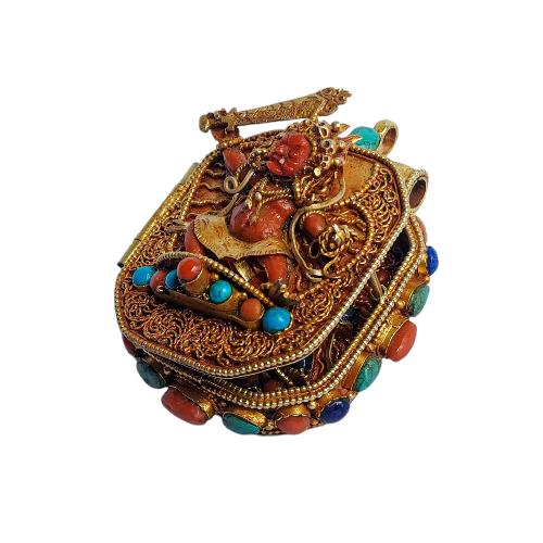 [silver] Tibetan Ghau Box With [manjushree], [gold Plated] And [stone Setting]