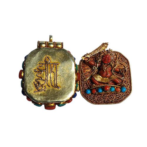 [silver] Tibetan Ghau Box With [manjushree], [gold Plated] And [stone Setting]