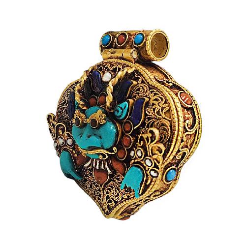 [silver] Tibetan Ghau Box With [cheppu], [gold Plated] And [stone Setting]