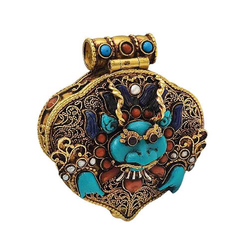 [silver] Tibetan Ghau Box With [cheppu], [gold Plated] And [stone Setting]