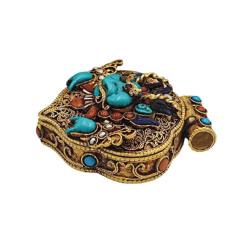 [silver] Tibetan Ghau Box With [cheppu], [gold Plated] And [stone Setting]