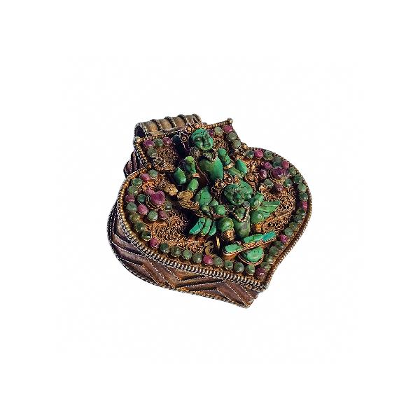 [silver] Tibetan Ghau Box With [garuda Narayan], [gold Plated] And [stone Setting]
