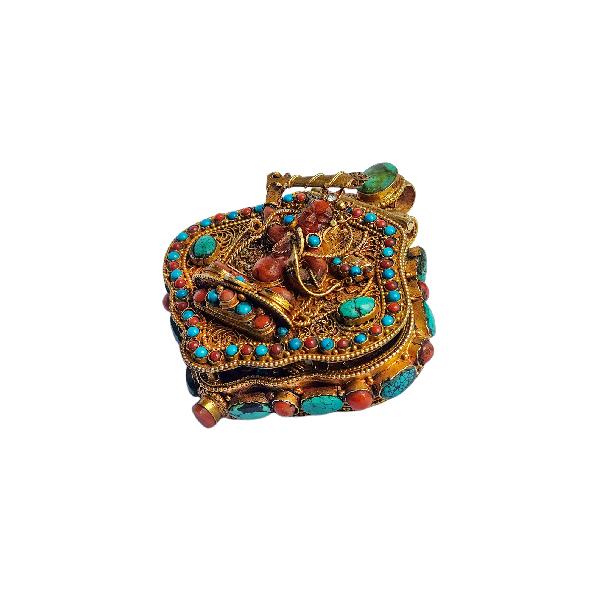 [silver] Tibetan Ghau Box With [manjushree], [gold Plated] And [stone Setting]