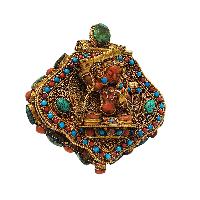 [silver] Tibetan Ghau Box With [manjushree], [gold Plated] And [stone Setting]