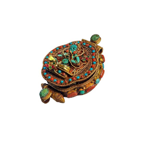 [silver] Tibetan Ghau Box With [white Tara], [gold Plated] And [stone Setting]