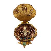 [silver] Tibetan Ghau Box With [white Tara], [gold Plated] And [stone Setting]