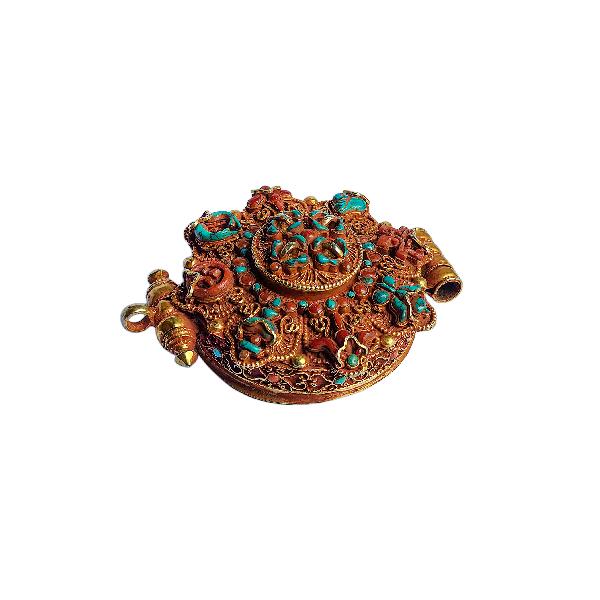 [silver] Tibetan Ghau Box With [ashtamangala], [gold Plated] And [stone Setting]