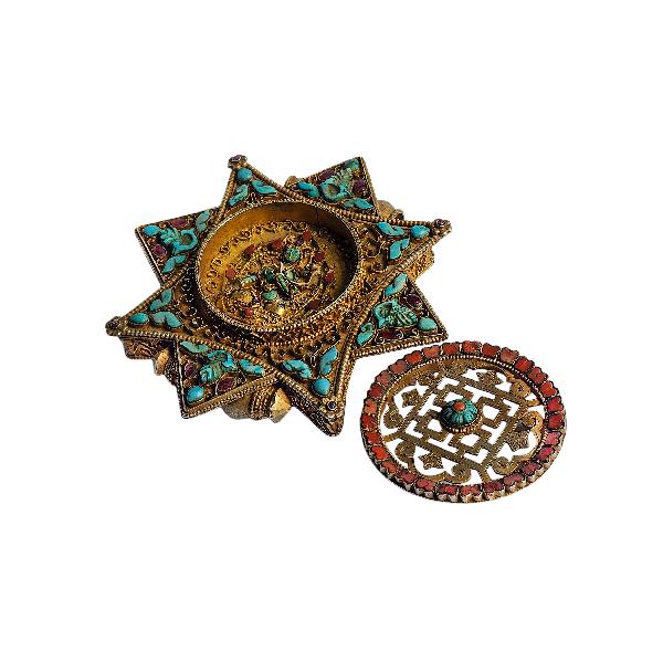[silver] Tibetan Ghau Box With [mandala], [gold Plated] And [stone Setting]