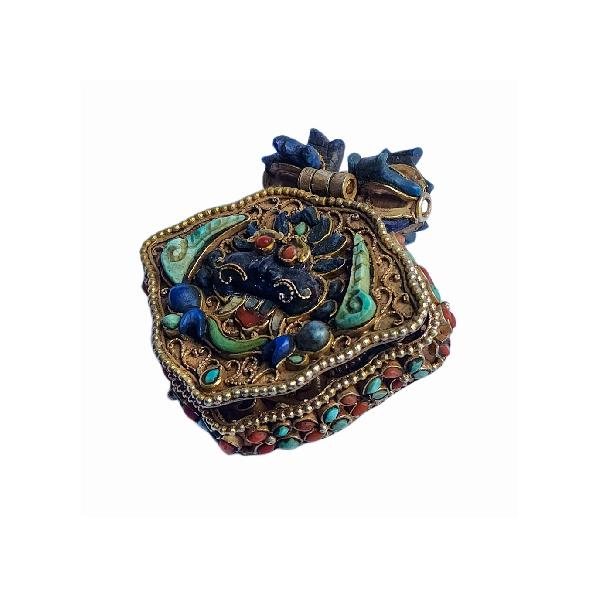 [silver] Tibetan Ghau Box With [cheppu], [gold Plated] And [stone Setting]